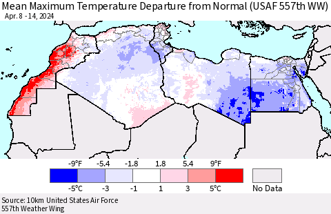 North Africa Mean Maximum Temperature Departure from Normal (USAF 557th WW) Thematic Map For 4/8/2024 - 4/14/2024
