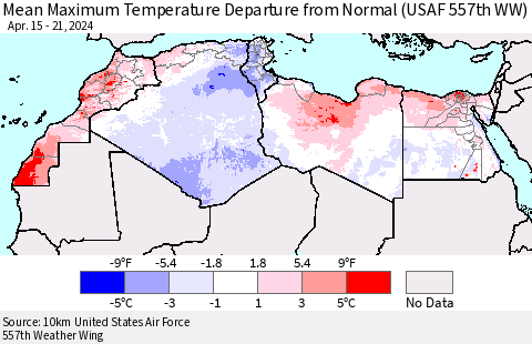 North Africa Mean Maximum Temperature Departure from Normal (USAF 557th WW) Thematic Map For 4/15/2024 - 4/21/2024