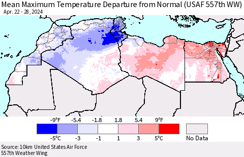 North Africa Mean Maximum Temperature Departure from Normal (USAF 557th WW) Thematic Map For 4/22/2024 - 4/28/2024