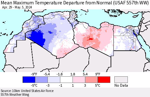 North Africa Mean Maximum Temperature Departure from Normal (USAF 557th WW) Thematic Map For 4/29/2024 - 5/5/2024