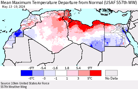North Africa Mean Maximum Temperature Departure from Normal (USAF 557th WW) Thematic Map For 5/13/2024 - 5/19/2024