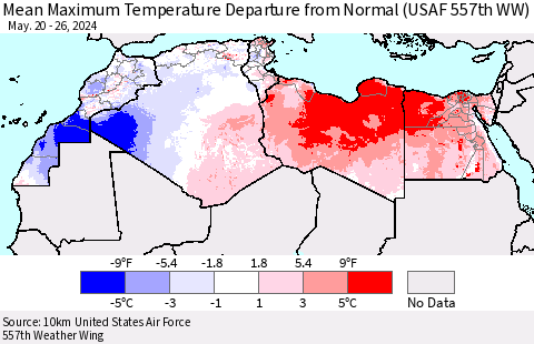 North Africa Mean Maximum Temperature Departure from Normal (USAF 557th WW) Thematic Map For 5/20/2024 - 5/26/2024