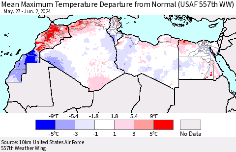 North Africa Mean Maximum Temperature Departure from Normal (USAF 557th WW) Thematic Map For 5/27/2024 - 6/2/2024