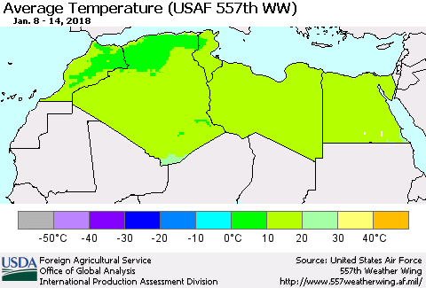 North Africa Average Temperature (USAF 557th WW) Thematic Map For 1/8/2018 - 1/14/2018