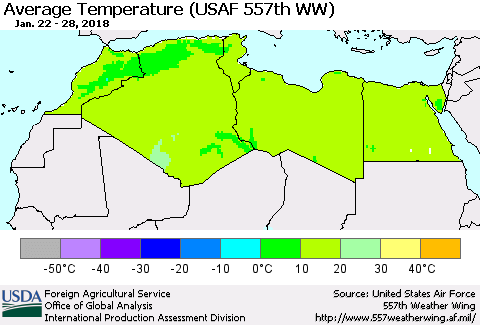 North Africa Average Temperature (USAF 557th WW) Thematic Map For 1/22/2018 - 1/28/2018