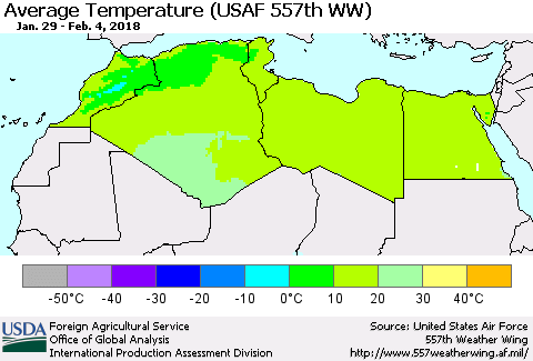 North Africa Average Temperature (USAF 557th WW) Thematic Map For 1/29/2018 - 2/4/2018