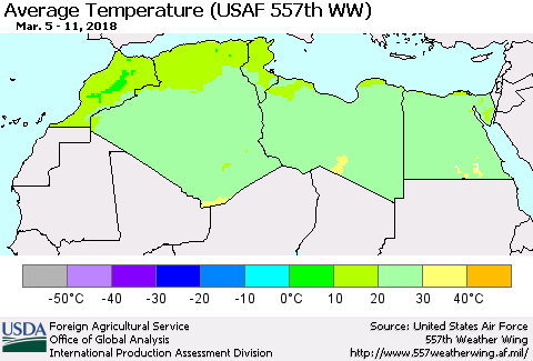 North Africa Average Temperature (USAF 557th WW) Thematic Map For 3/5/2018 - 3/11/2018