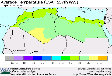 North Africa Average Temperature (USAF 557th WW) Thematic Map For 4/2/2018 - 4/8/2018