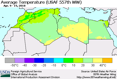 North Africa Average Temperature (USAF 557th WW) Thematic Map For 4/9/2018 - 4/15/2018