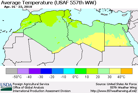 North Africa Average Temperature (USAF 557th WW) Thematic Map For 4/16/2018 - 4/22/2018