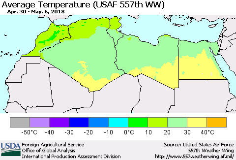 North Africa Average Temperature (USAF 557th WW) Thematic Map For 4/30/2018 - 5/6/2018