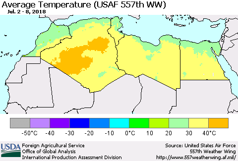 North Africa Average Temperature (USAF 557th WW) Thematic Map For 7/2/2018 - 7/8/2018