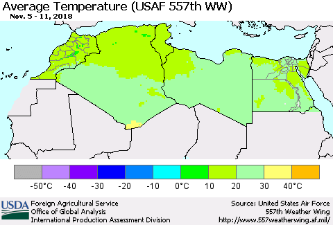 North Africa Average Temperature (USAF 557th WW) Thematic Map For 11/5/2018 - 11/11/2018