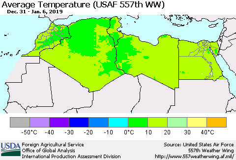 North Africa Average Temperature (USAF 557th WW) Thematic Map For 12/31/2018 - 1/6/2019