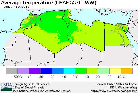 North Africa Average Temperature (USAF 557th WW) Thematic Map For 1/7/2019 - 1/13/2019