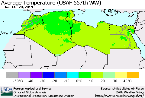 North Africa Average Temperature (USAF 557th WW) Thematic Map For 1/14/2019 - 1/20/2019