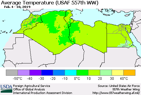 North Africa Average Temperature (USAF 557th WW) Thematic Map For 2/4/2019 - 2/10/2019