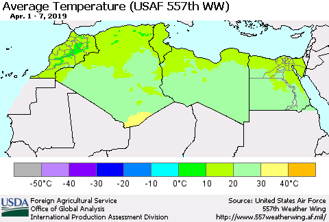 North Africa Average Temperature (USAF 557th WW) Thematic Map For 4/1/2019 - 4/7/2019