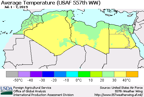 North Africa Average Temperature (USAF 557th WW) Thematic Map For 7/1/2019 - 7/7/2019