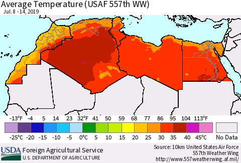 North Africa Average Temperature (USAF 557th WW) Thematic Map For 7/8/2019 - 7/14/2019