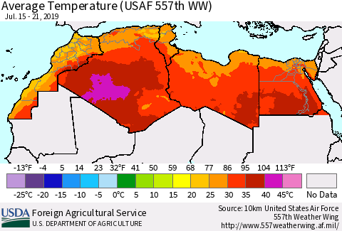 North Africa Average Temperature (USAF 557th WW) Thematic Map For 7/15/2019 - 7/21/2019
