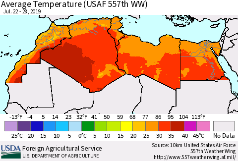North Africa Average Temperature (USAF 557th WW) Thematic Map For 7/22/2019 - 7/28/2019