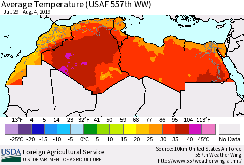 North Africa Average Temperature (USAF 557th WW) Thematic Map For 7/29/2019 - 8/4/2019