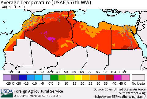 North Africa Average Temperature (USAF 557th WW) Thematic Map For 8/5/2019 - 8/11/2019