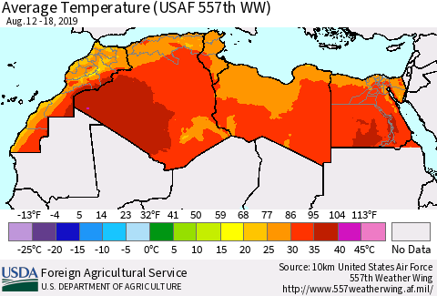 North Africa Average Temperature (USAF 557th WW) Thematic Map For 8/12/2019 - 8/18/2019