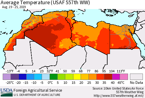 North Africa Average Temperature (USAF 557th WW) Thematic Map For 8/19/2019 - 8/25/2019