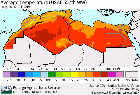 North Africa Average Temperature (USAF 557th WW) Thematic Map For 8/26/2019 - 9/1/2019