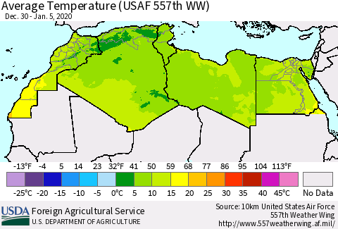 North Africa Average Temperature (USAF 557th WW) Thematic Map For 12/30/2019 - 1/5/2020