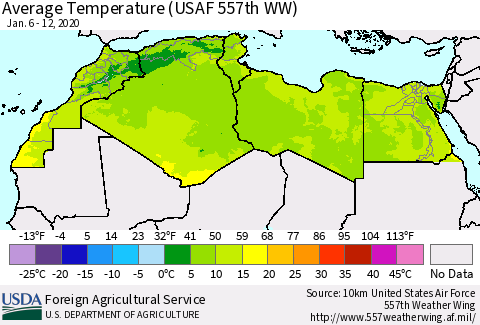North Africa Average Temperature (USAF 557th WW) Thematic Map For 1/6/2020 - 1/12/2020