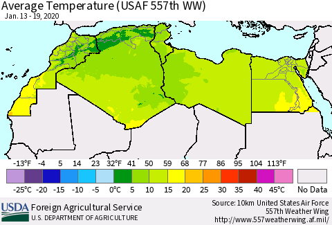 North Africa Average Temperature (USAF 557th WW) Thematic Map For 1/13/2020 - 1/19/2020