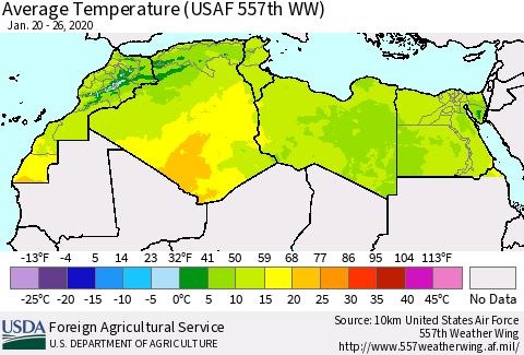 North Africa Average Temperature (USAF 557th WW) Thematic Map For 1/20/2020 - 1/26/2020