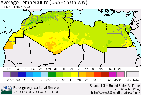 North Africa Average Temperature (USAF 557th WW) Thematic Map For 1/27/2020 - 2/2/2020