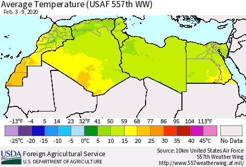 North Africa Average Temperature (USAF 557th WW) Thematic Map For 2/3/2020 - 2/9/2020