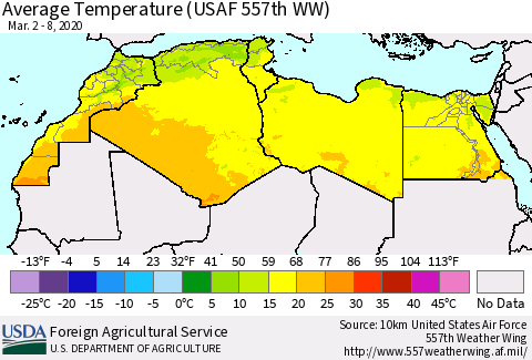 North Africa Average Temperature (USAF 557th WW) Thematic Map For 3/2/2020 - 3/8/2020