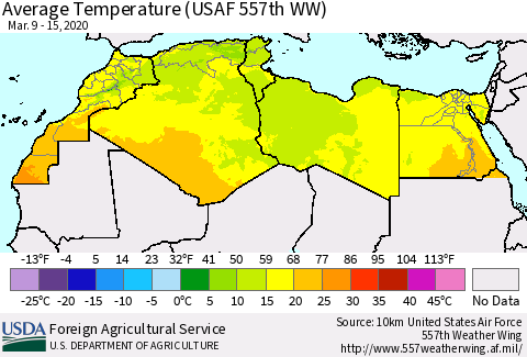 North Africa Average Temperature (USAF 557th WW) Thematic Map For 3/9/2020 - 3/15/2020