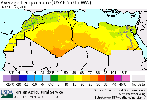 North Africa Average Temperature (USAF 557th WW) Thematic Map For 3/16/2020 - 3/22/2020