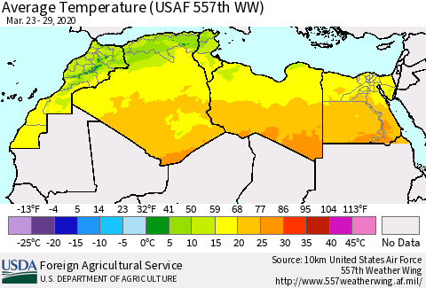 North Africa Average Temperature (USAF 557th WW) Thematic Map For 3/23/2020 - 3/29/2020