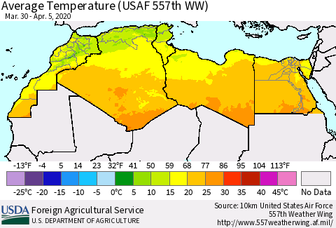 North Africa Average Temperature (USAF 557th WW) Thematic Map For 3/30/2020 - 4/5/2020