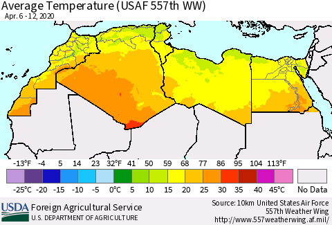 North Africa Average Temperature (USAF 557th WW) Thematic Map For 4/6/2020 - 4/12/2020