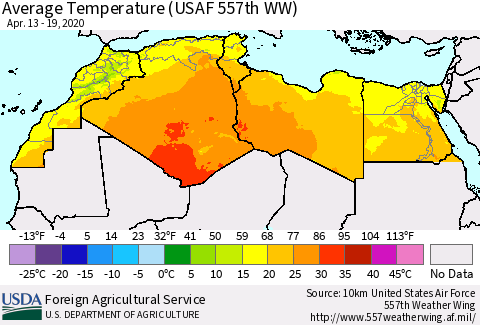 North Africa Average Temperature (USAF 557th WW) Thematic Map For 4/13/2020 - 4/19/2020