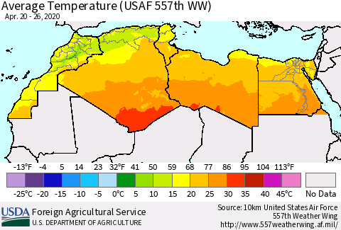 North Africa Average Temperature (USAF 557th WW) Thematic Map For 4/20/2020 - 4/26/2020