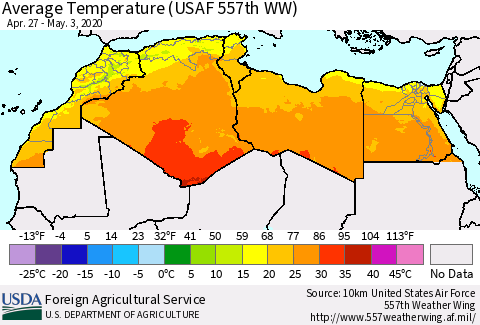North Africa Average Temperature (USAF 557th WW) Thematic Map For 4/27/2020 - 5/3/2020