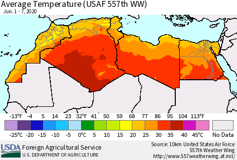 North Africa Average Temperature (USAF 557th WW) Thematic Map For 6/1/2020 - 6/7/2020