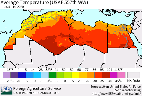 North Africa Average Temperature (USAF 557th WW) Thematic Map For 6/8/2020 - 6/14/2020