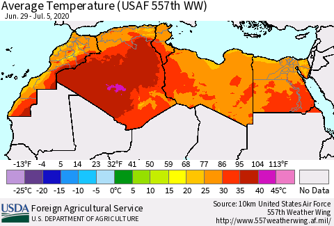 North Africa Average Temperature (USAF 557th WW) Thematic Map For 6/29/2020 - 7/5/2020
