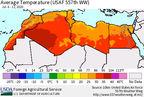 North Africa Average Temperature (USAF 557th WW) Thematic Map For 7/6/2020 - 7/12/2020